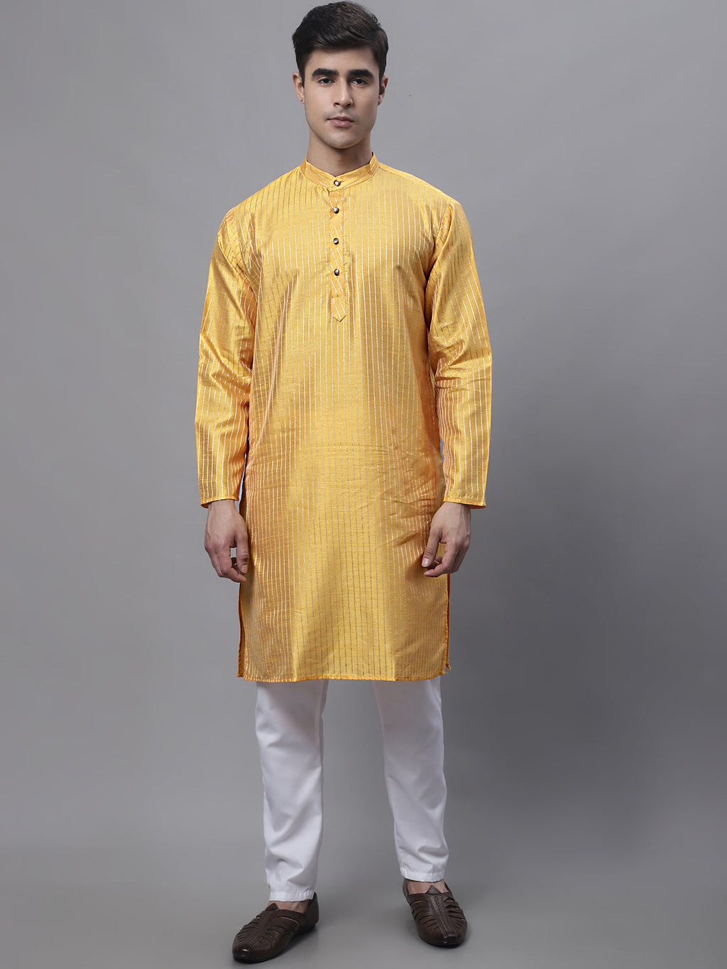 Jompers Men's Mustard Embroidered Kurta Pyjama With Wihte Printed Nehru Jacket