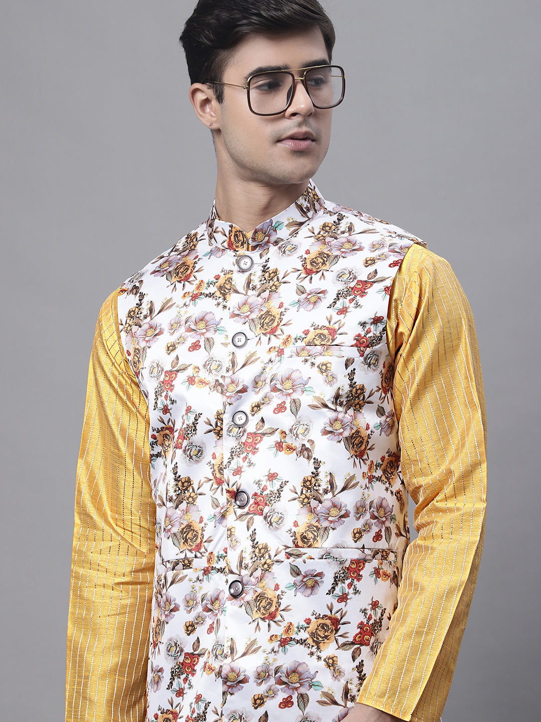Jompers Men's Mustard Embroidered Kurta Pyjama With Wihte Printed Nehru Jacket