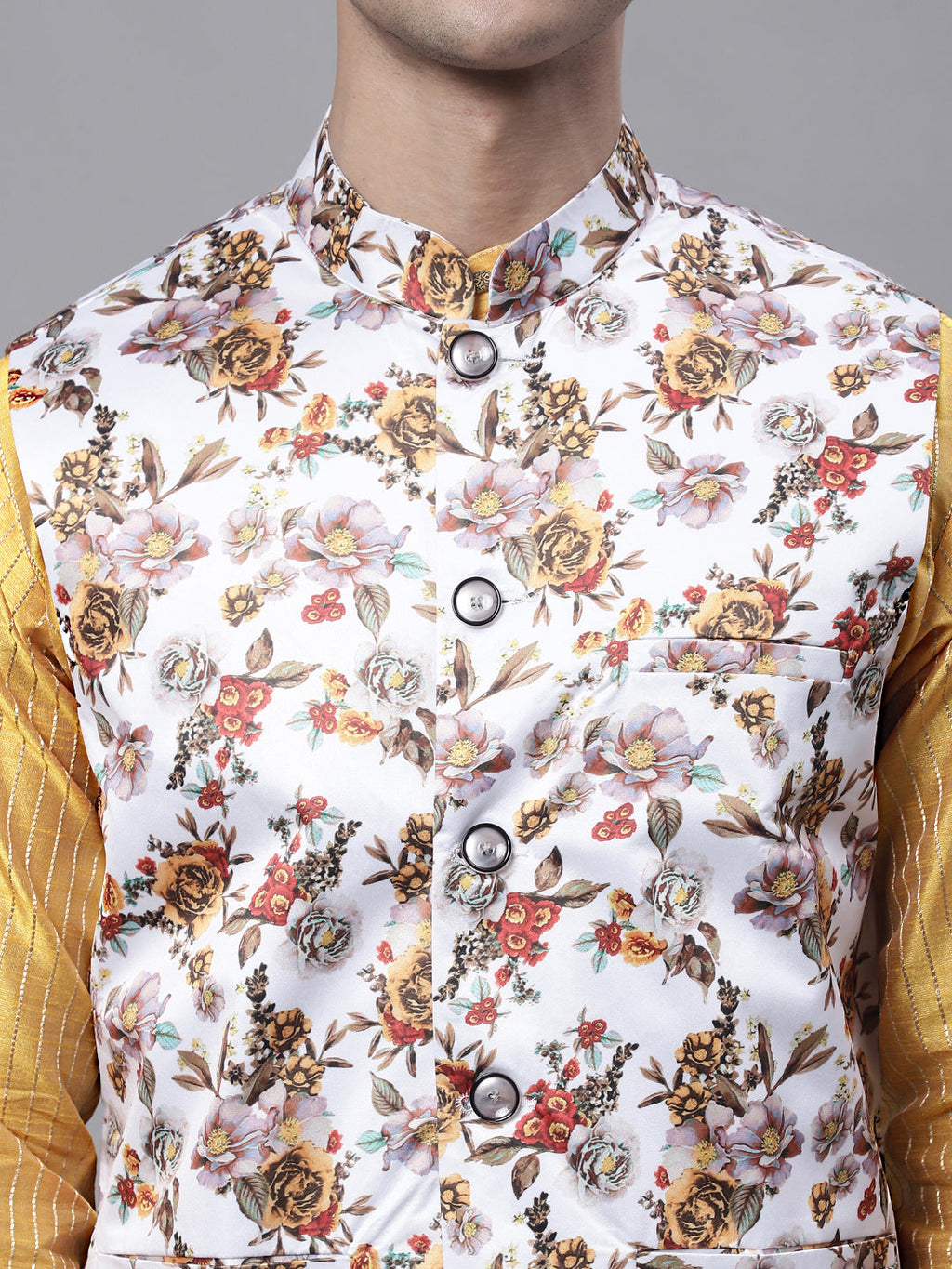 Jompers Men's Mustard Embroidered Kurta Pyjama With Wihte Printed Nehru Jacket