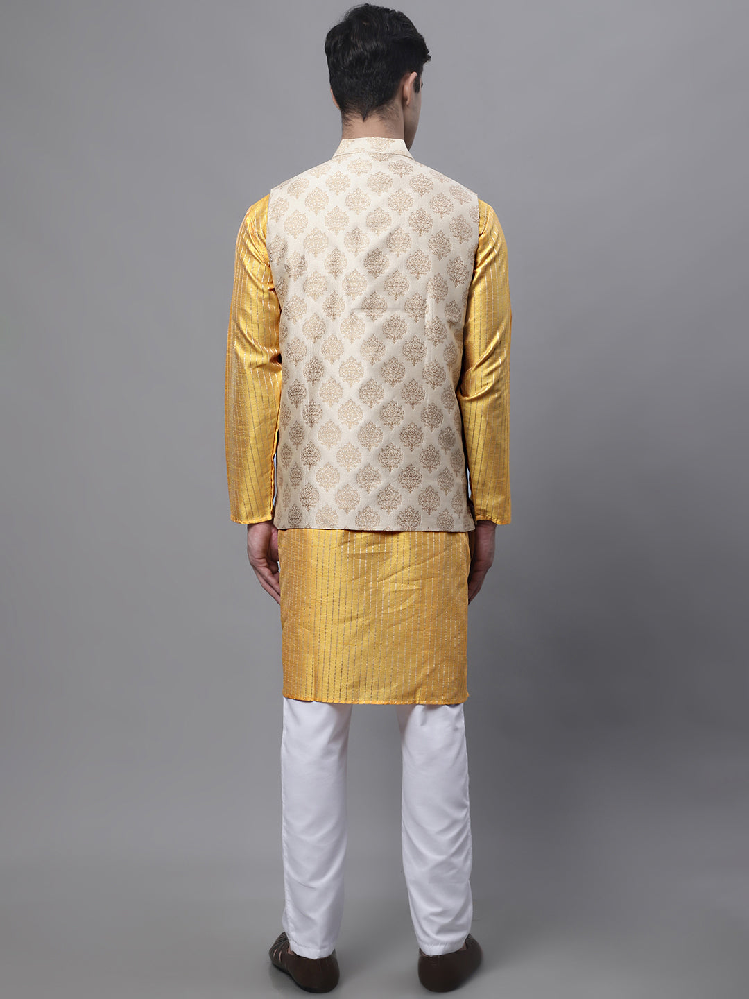 Jompers Men's Mustard Embroidered Kurta Pyjama With Floral Printed Nehru Jacket