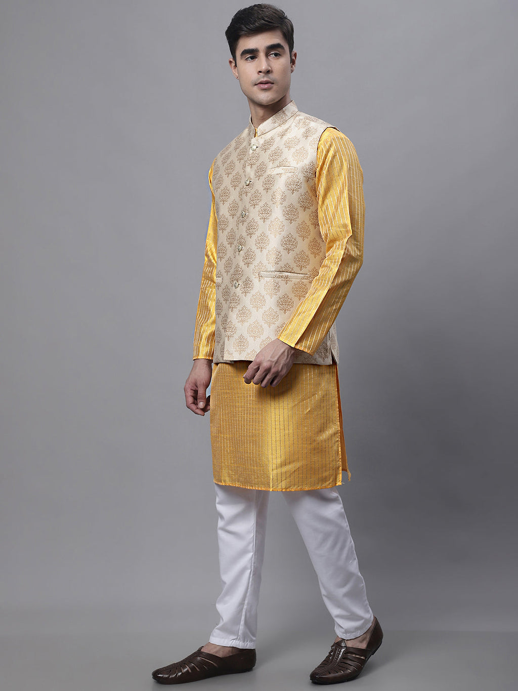 Jompers Men's Mustard Embroidered Kurta Pyjama With Floral Printed Nehru Jacket