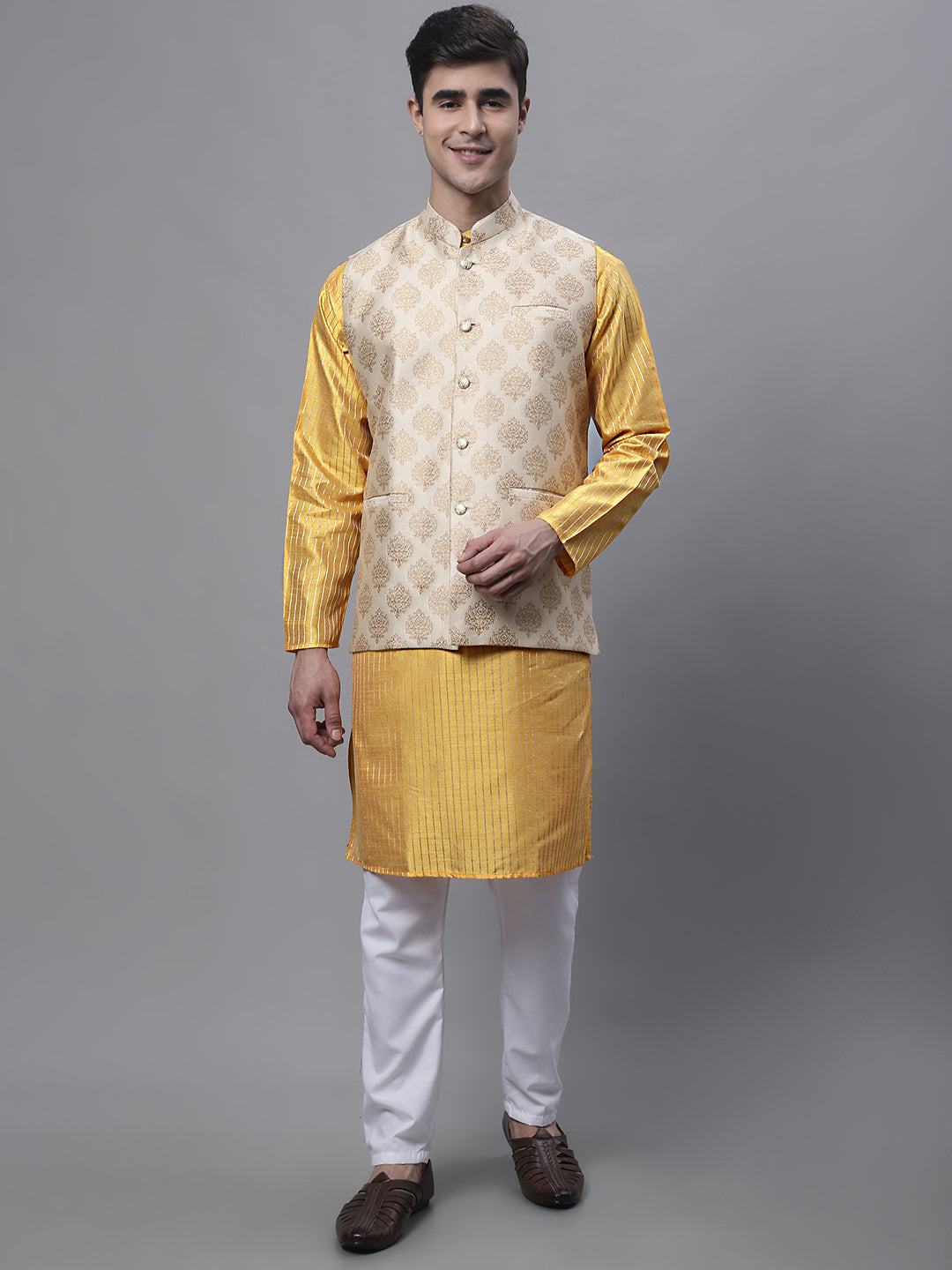 Jompers Men's Mustard Embroidered Kurta Pyjama With Floral Printed Nehru Jacket