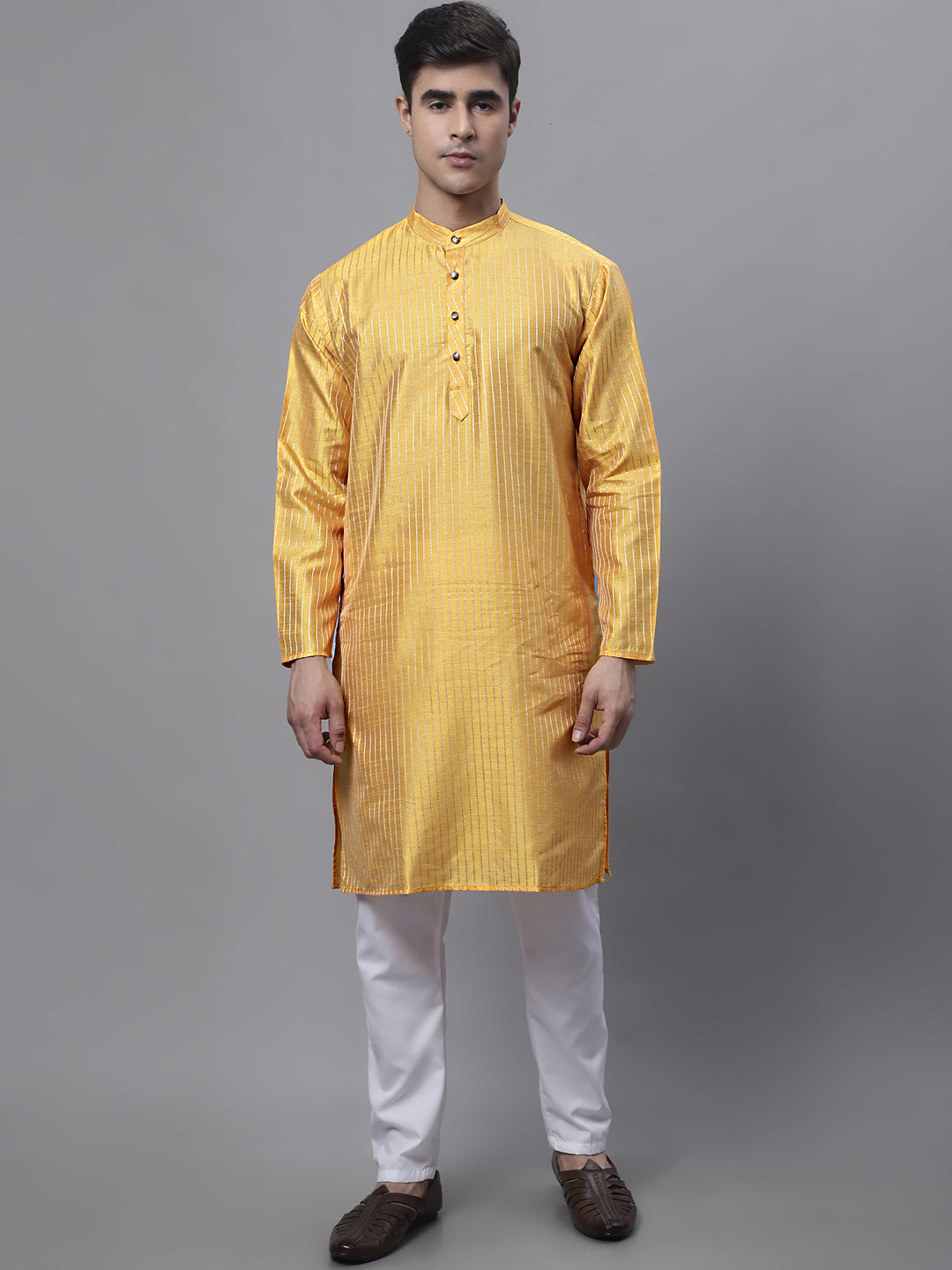 Jompers Men's Mustard Embroidered Kurta Pyjama With Floral Printed Nehru Jacket