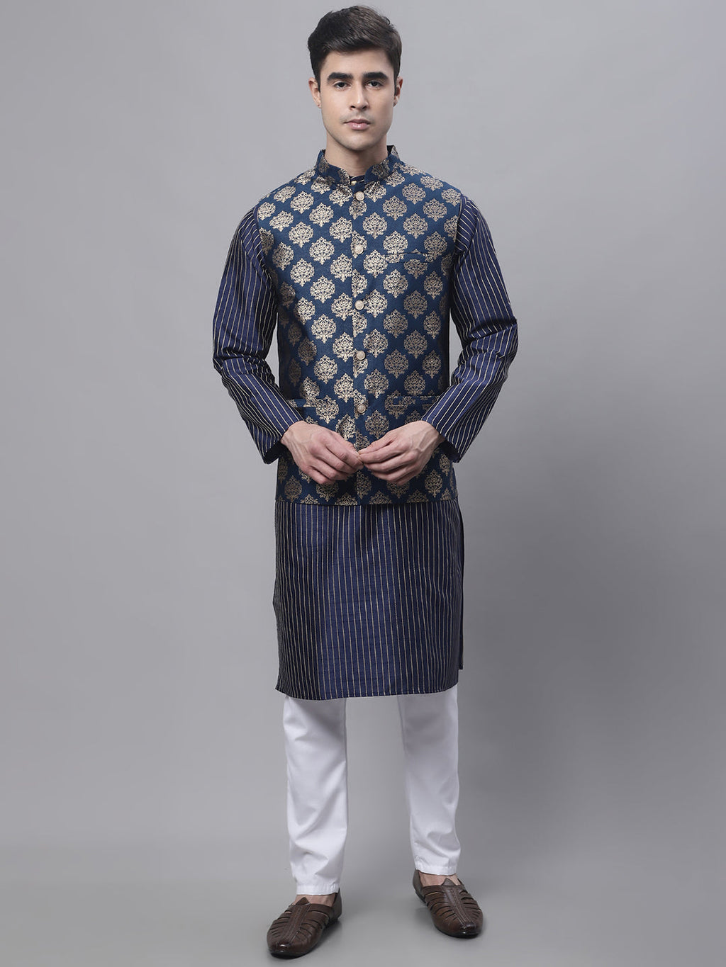 Jompers Men's Navy Blue Embroidered Kurta Pyjama With Floral Printed Nehru Jacket