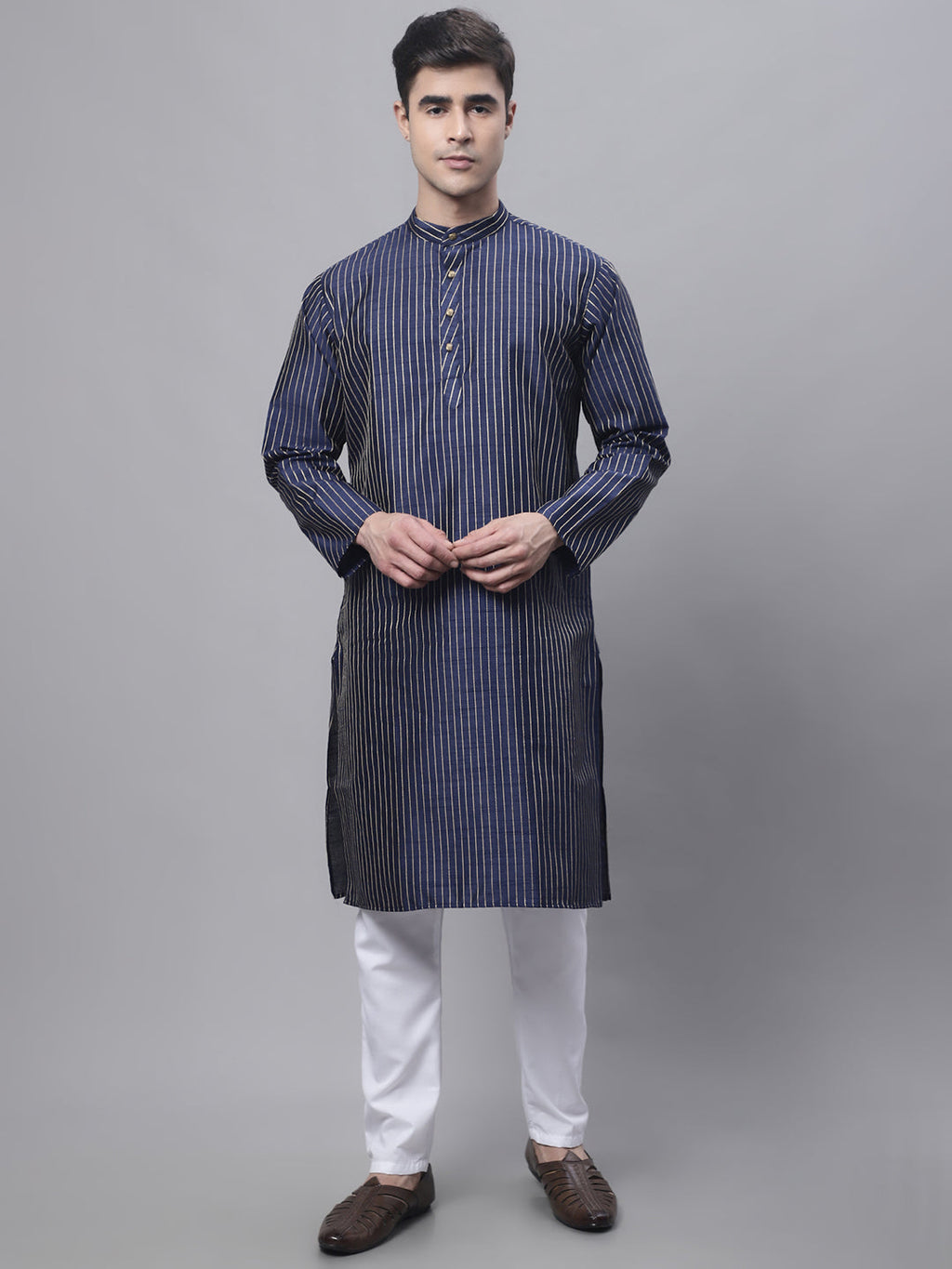 Jompers Men's Navy Blue Embroidered Kurta Pyjama With Floral Printed Nehru Jacket