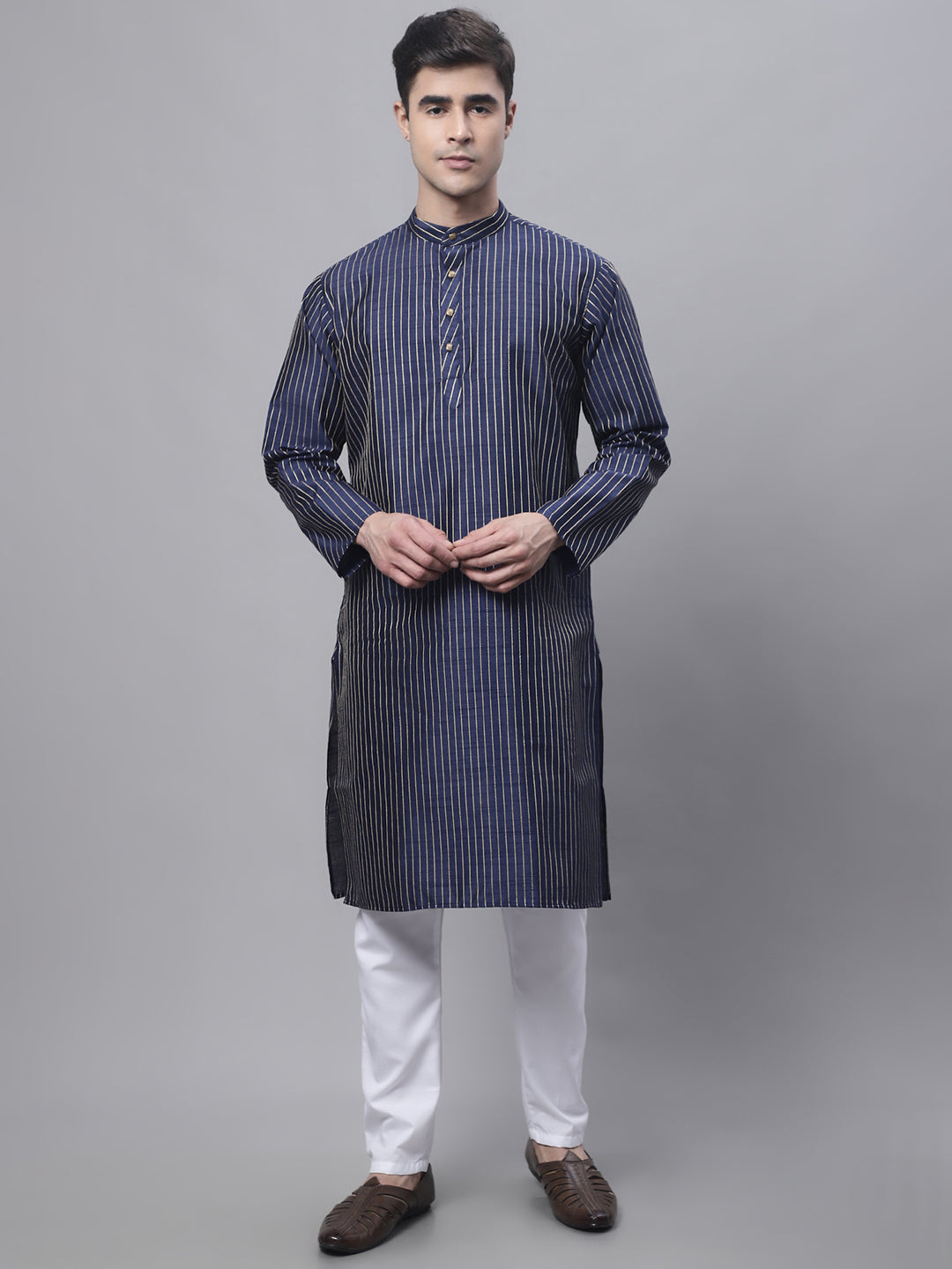 Jompers Men's Navy Blue Embroidered Kurta Pyjama With Floral Printed Nehru Jacket