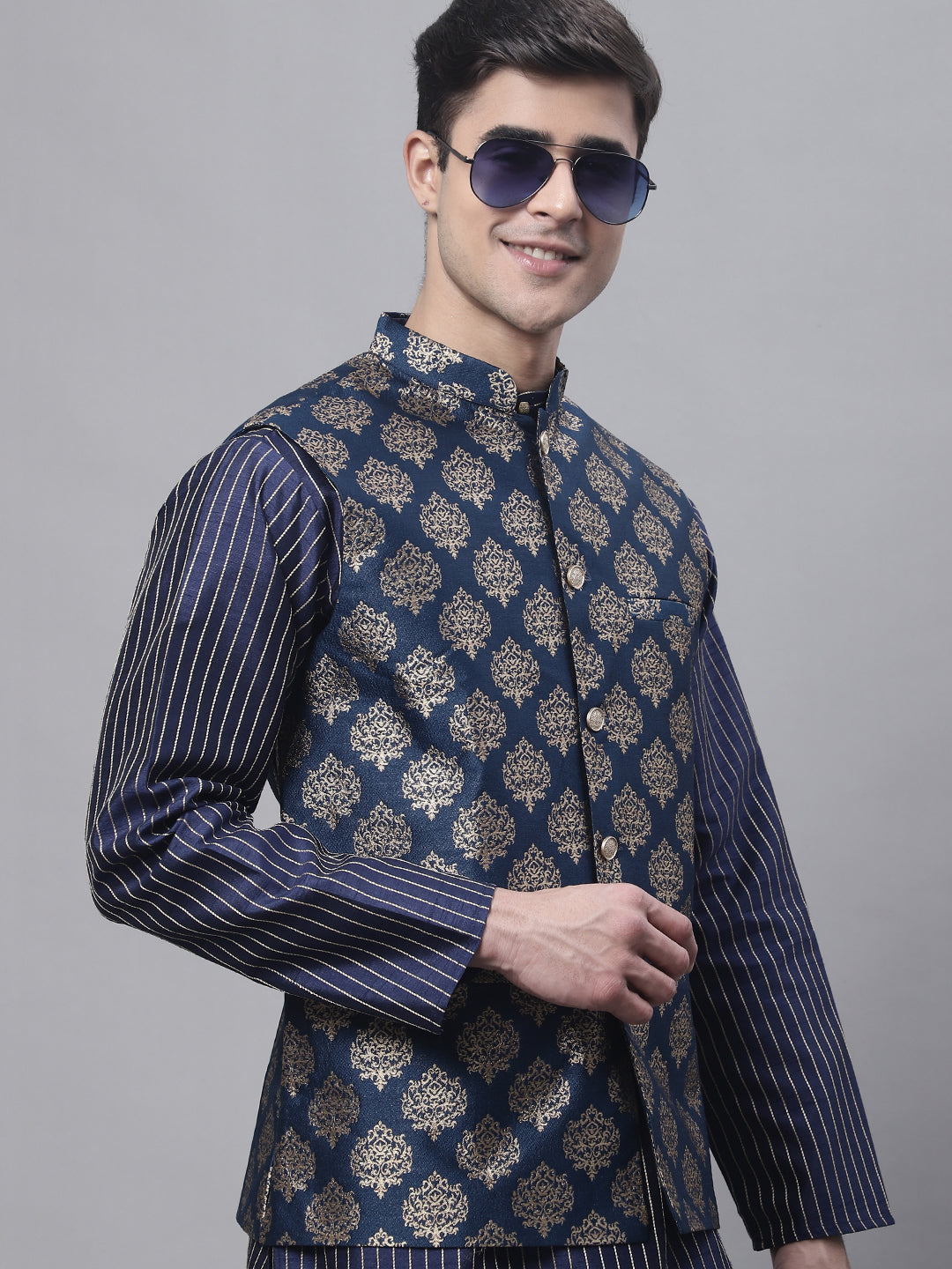 Jompers Men's Navy Blue Embroidered Kurta Pyjama With Floral Printed Nehru Jacket