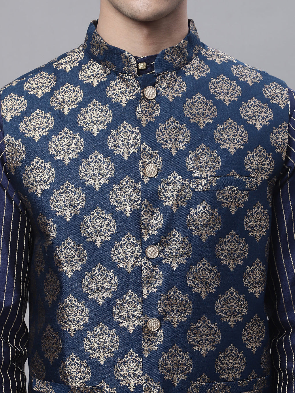 Jompers Men's Navy Blue Embroidered Kurta Pyjama With Floral Printed Nehru Jacket