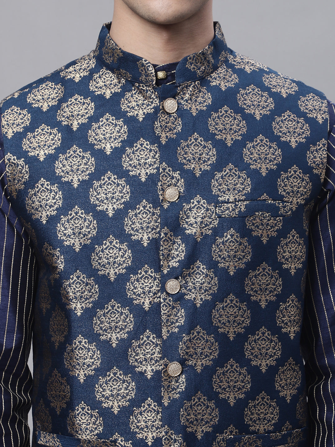Jompers Men's Navy Blue Embroidered Kurta Pyjama With Floral Printed Nehru Jacket