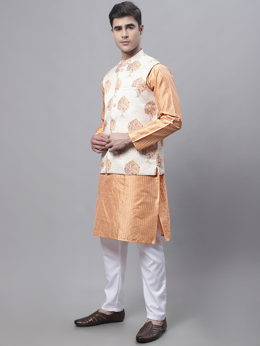 Jompers Men's Peach Embroidered Kurta Pyjama With Wihte Printed Nehru Jacket