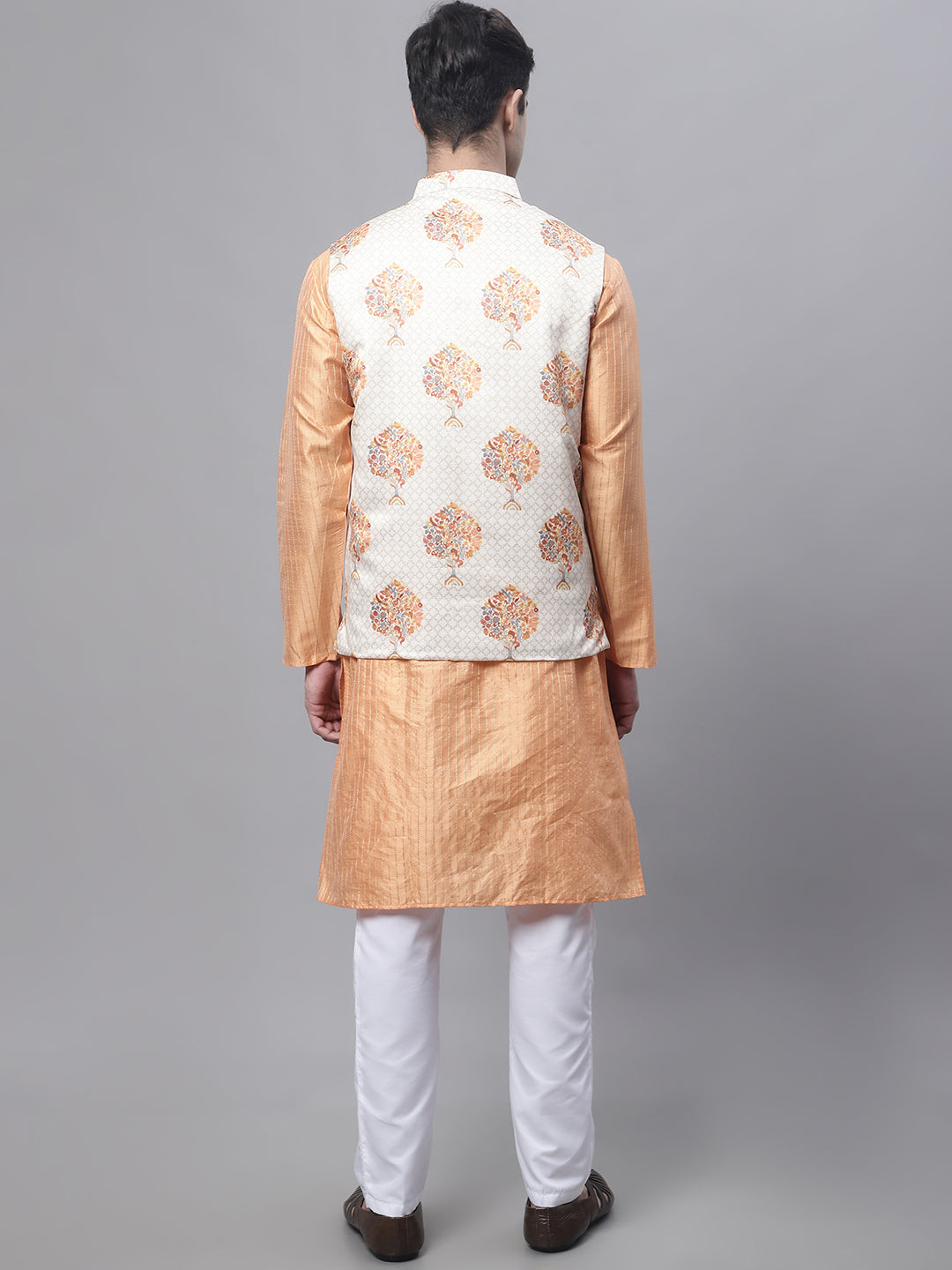 Jompers Men's Peach Embroidered Kurta Pyjama With Wihte Printed Nehru Jacket