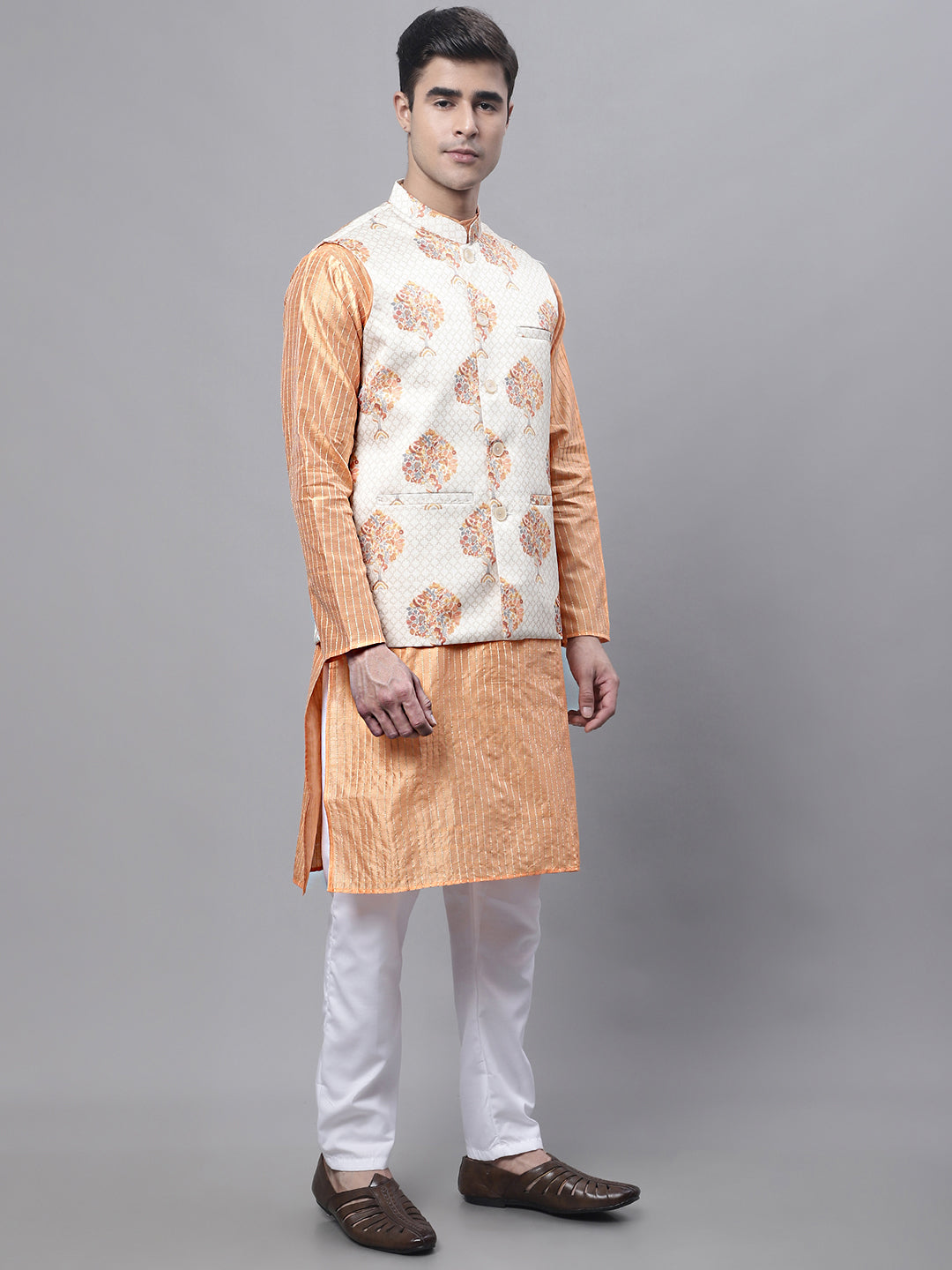 Jompers Men's Peach Embroidered Kurta Pyjama With Wihte Printed Nehru Jacket