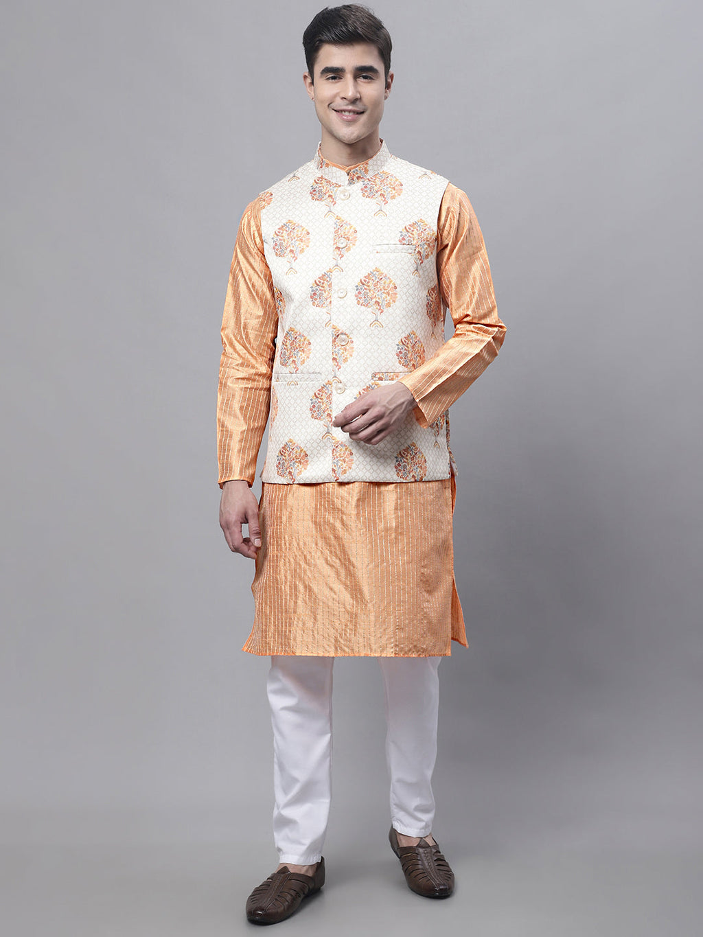Jompers Men's Peach Embroidered Kurta Pyjama With Wihte Printed Nehru Jacket