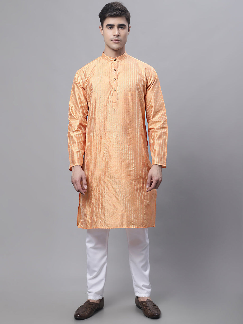 Jompers Men's Peach Embroidered Kurta Pyjama With Wihte Printed Nehru Jacket
