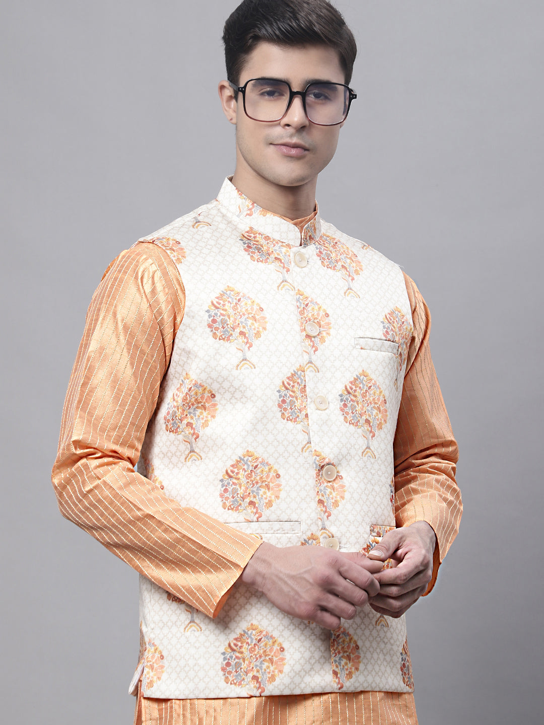 Jompers Men's Peach Embroidered Kurta Pyjama With Wihte Printed Nehru Jacket