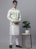 Jompers Men's Off White Embroidered Kurta Pyjama With Lime Printed Nehru Jacket