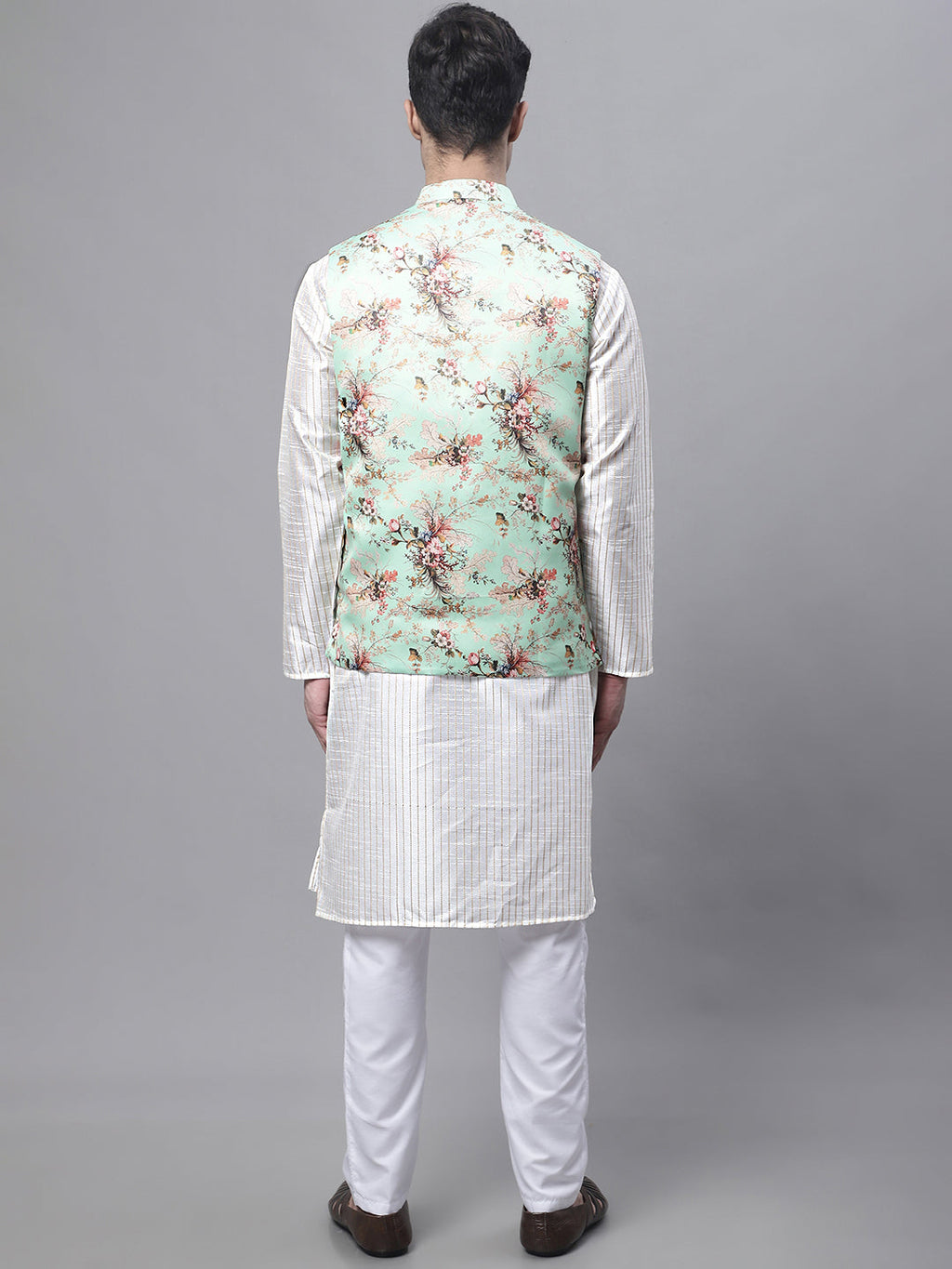 Jompers Men's Off White Embroidered Kurta Pyjama With Lime Printed Nehru Jacket