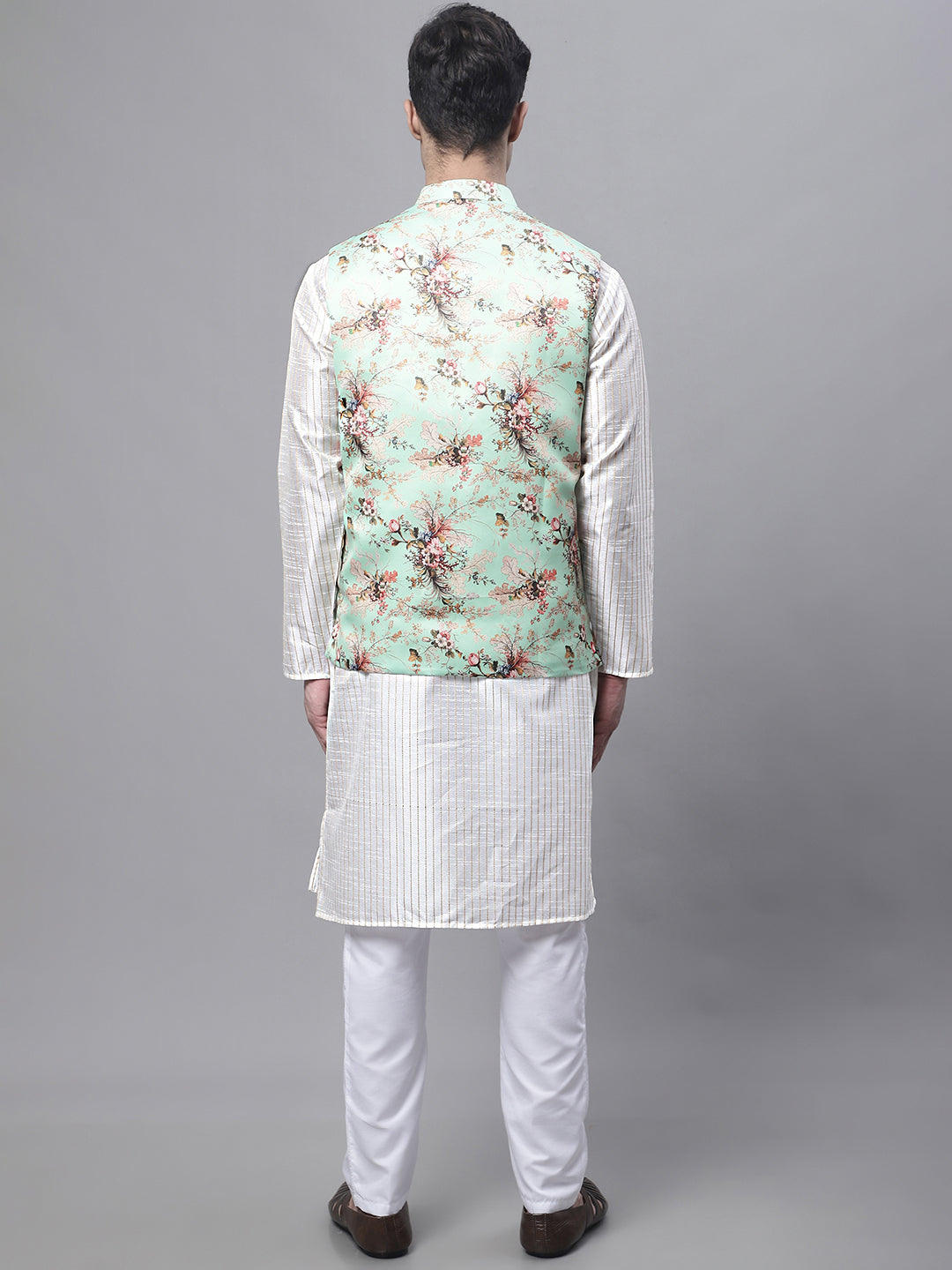 Jompers Men's Off White Embroidered Kurta Pyjama With Lime Printed Nehru Jacket