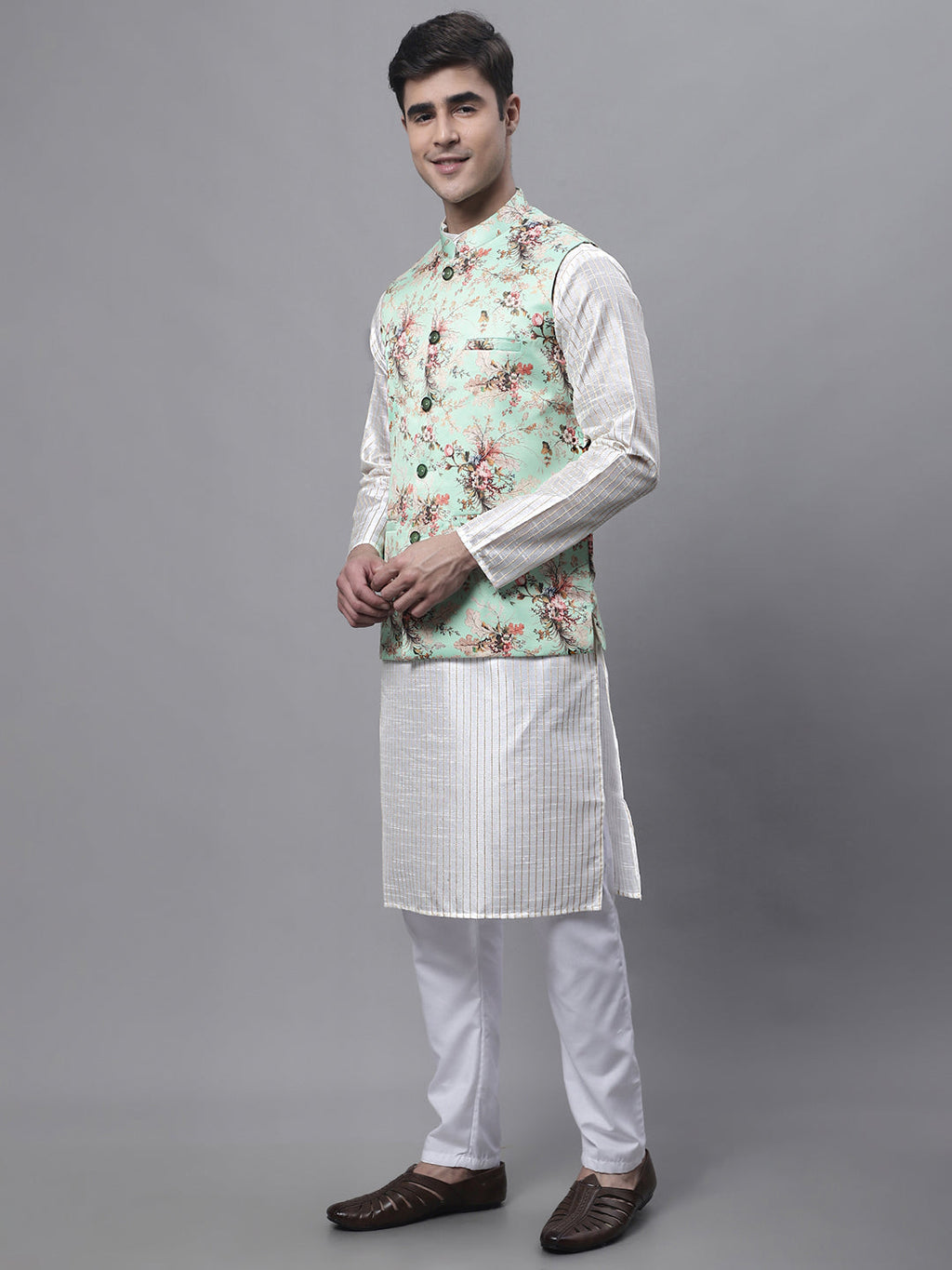 Jompers Men's Off White Embroidered Kurta Pyjama With Lime Printed Nehru Jacket