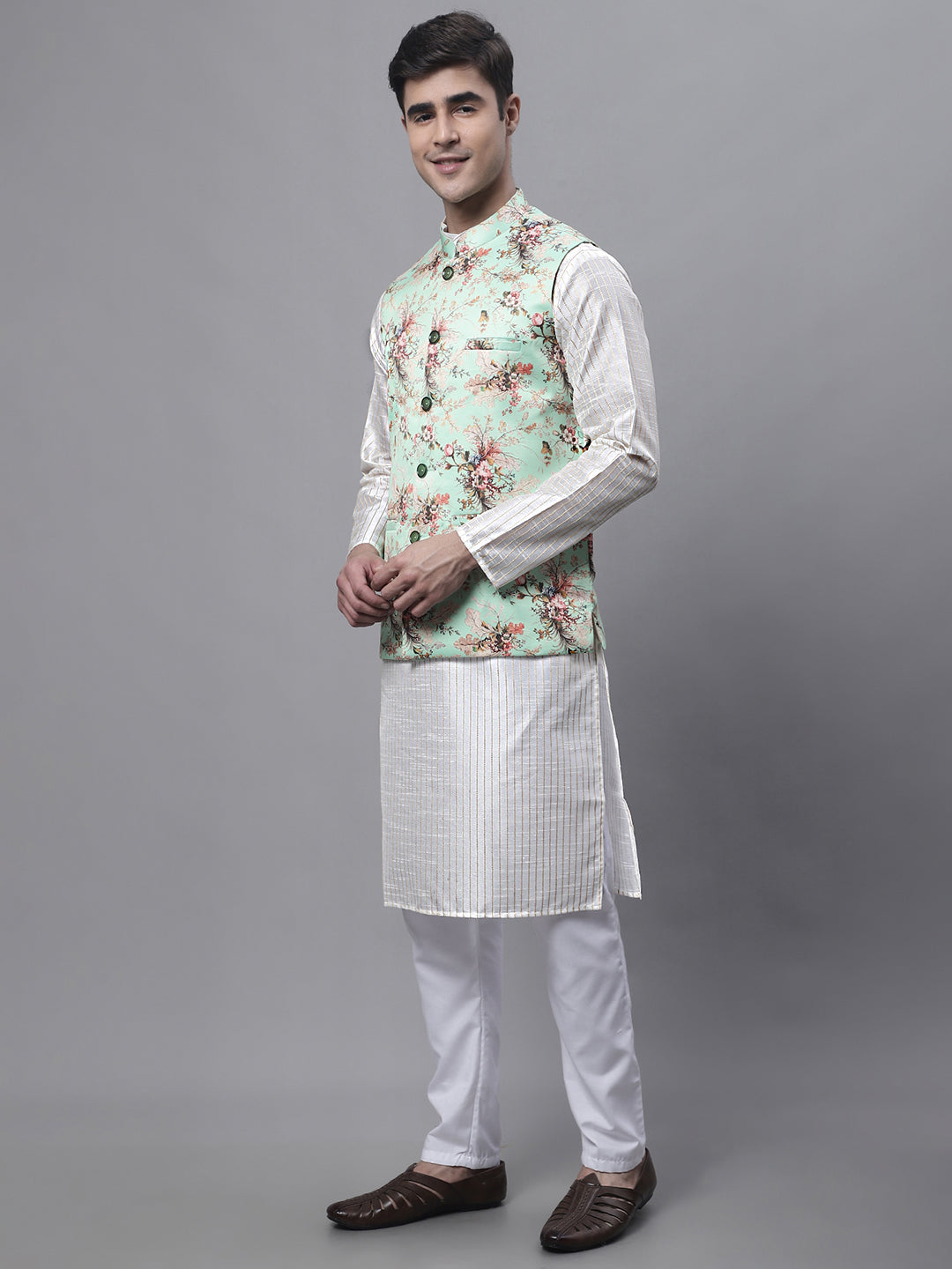 Jompers Men's Off White Embroidered Kurta Pyjama With Lime Printed Nehru Jacket