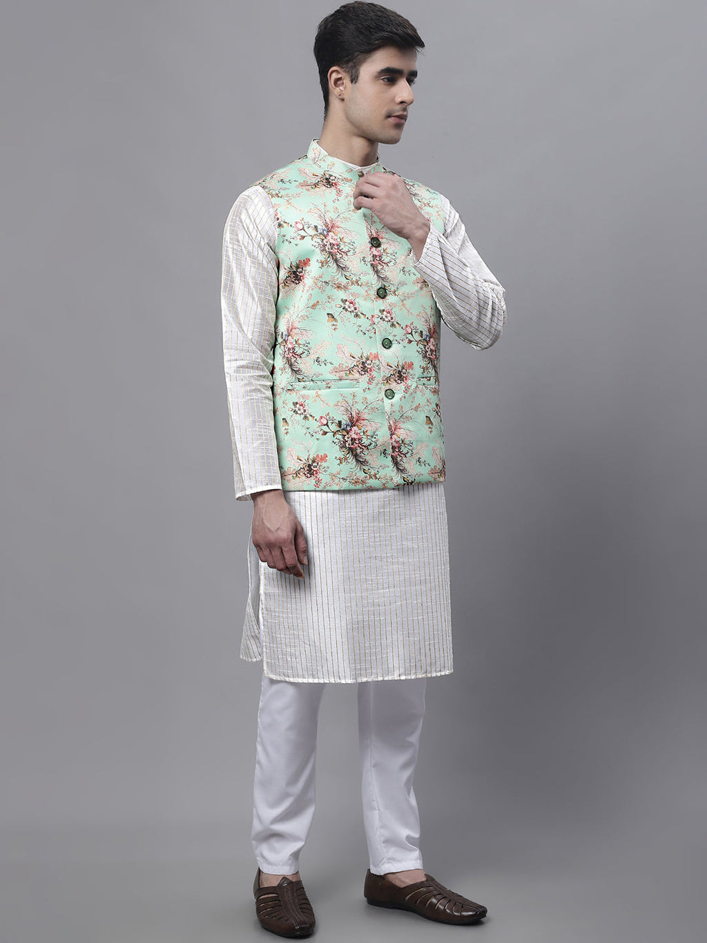 Jompers Men's Off White Embroidered Kurta Pyjama With Lime Printed Nehru Jacket