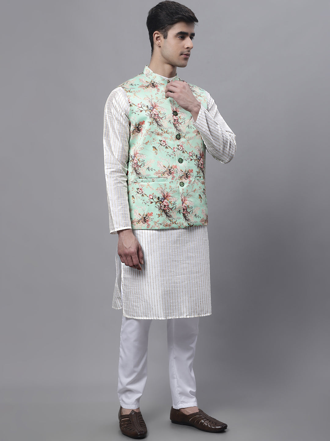 Jompers Men's Off White Embroidered Kurta Pyjama With Lime Printed Nehru Jacket