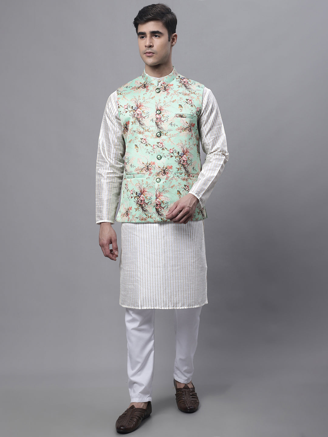 Jompers Men's Off White Embroidered Kurta Pyjama With Lime Printed Nehru Jacket