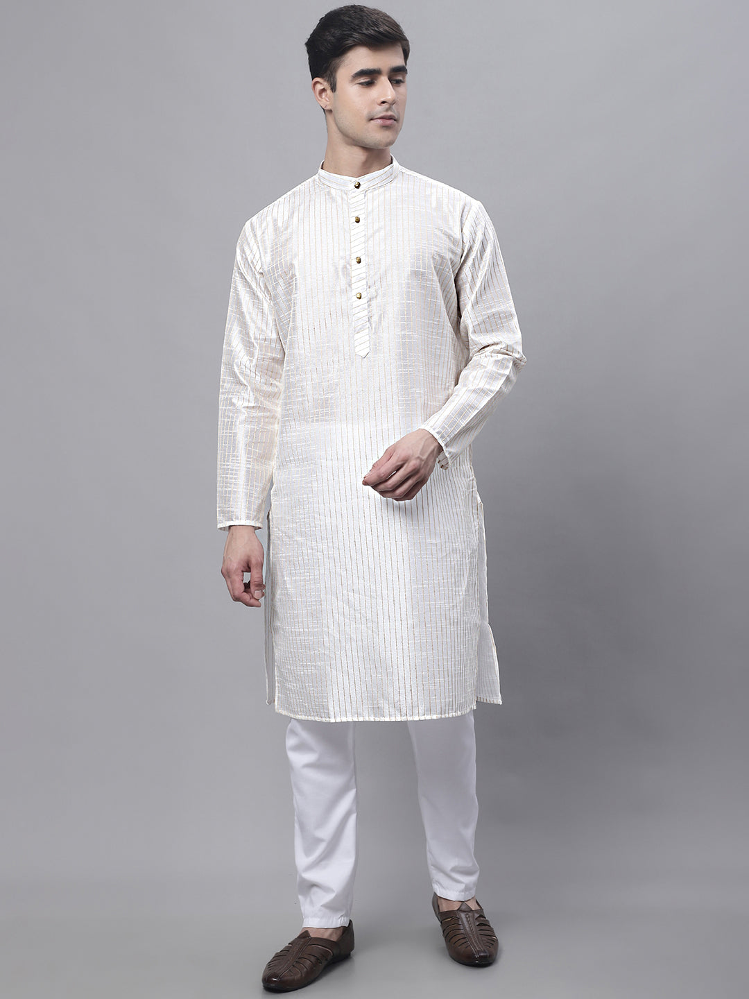 Jompers Men's Off White Embroidered Kurta Pyjama With Lime Printed Nehru Jacket