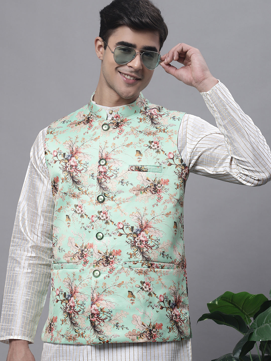 Jompers Men's Off White Embroidered Kurta Pyjama With Lime Printed Nehru Jacket