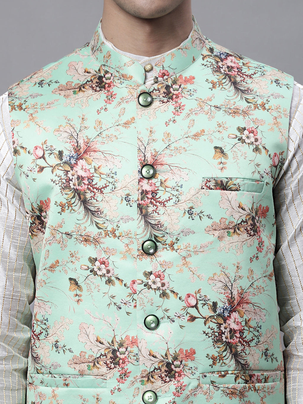 Jompers Men's Off White Embroidered Kurta Pyjama With Lime Printed Nehru Jacket