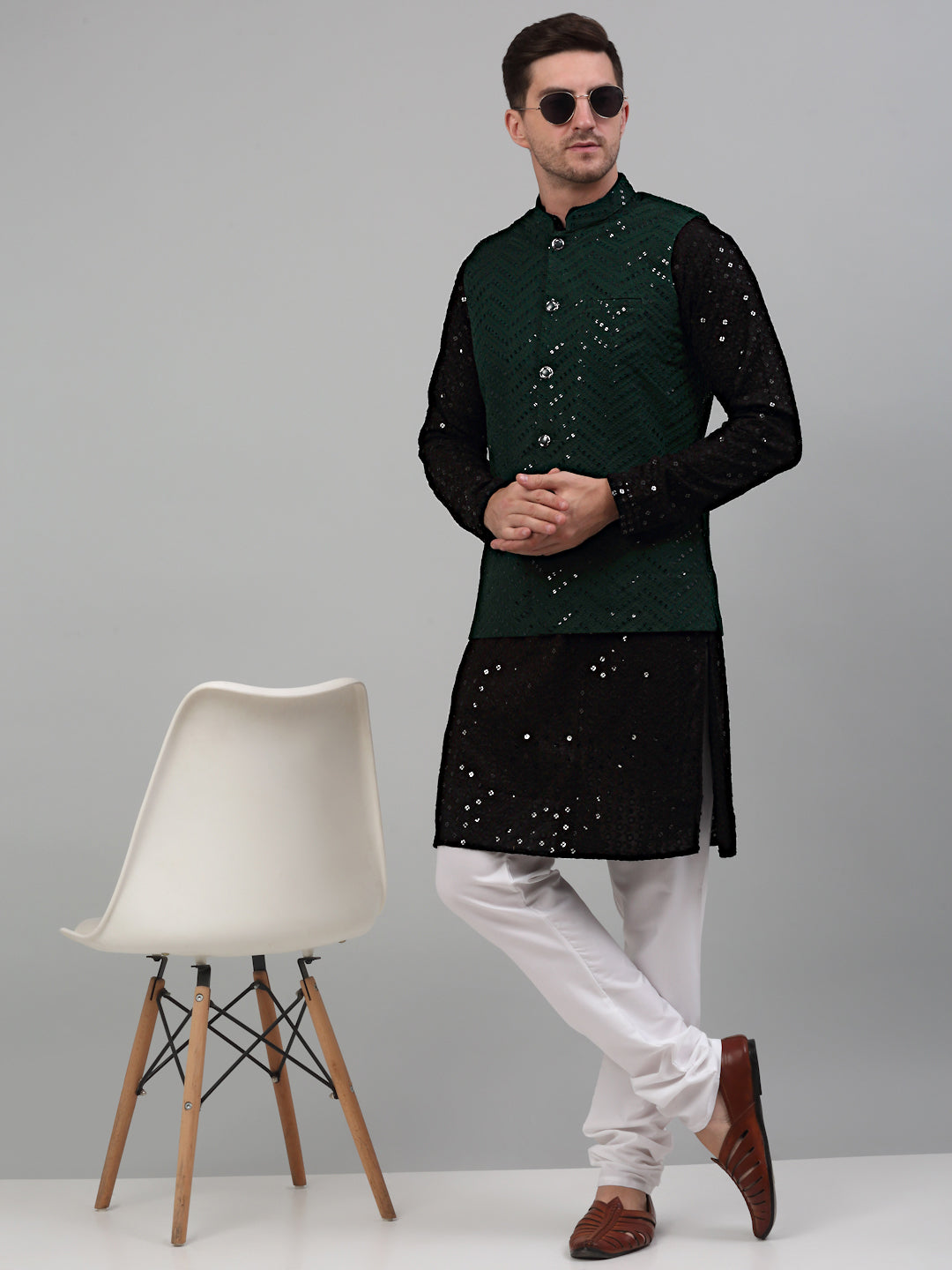 Jompers Men's Sequin and Embroidered Nehru Jacket With Kurta Pyjama - Olive