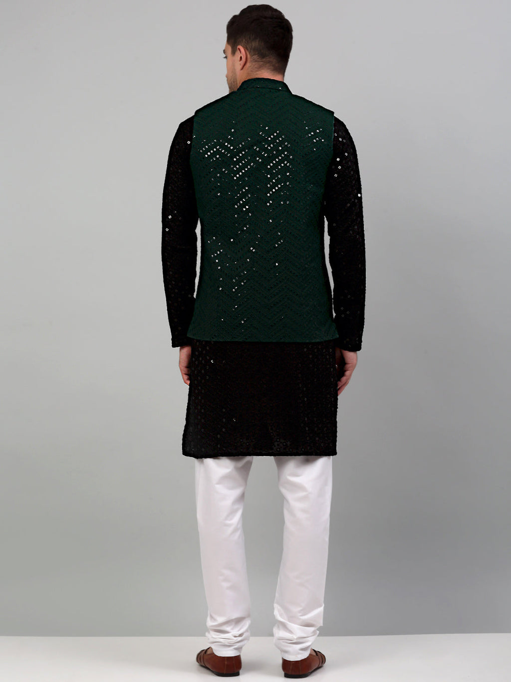 Jompers Men's Sequin and Embroidered Nehru Jacket With Kurta Pyjama - Olive