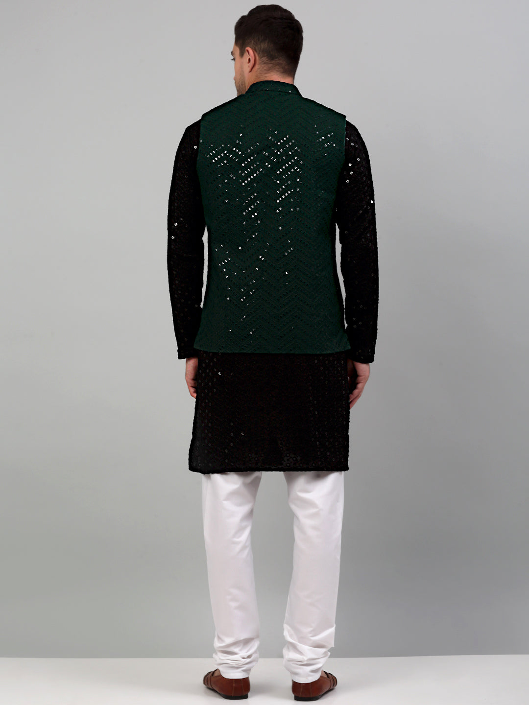 Jompers Men's Sequin and Embroidered Nehru Jacket With Kurta Pyjama - Olive
