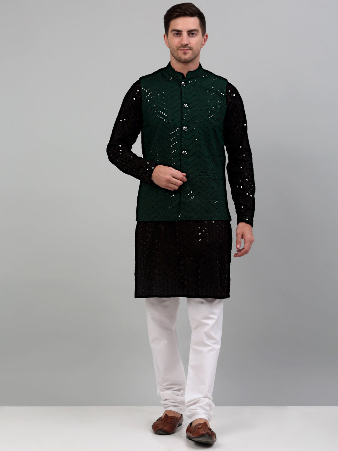 Jompers Men's Sequin and Embroidered Nehru Jacket With Kurta Pyjama - Olive