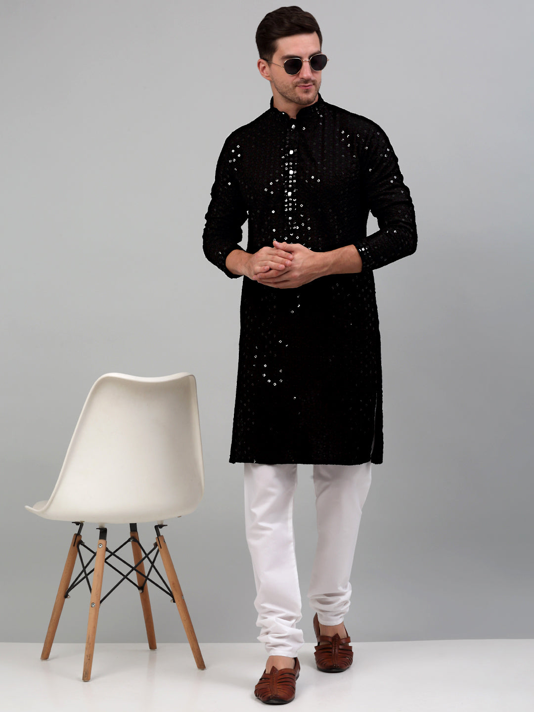 Jompers Men's Sequin and Embroidered Nehru Jacket With Kurta Pyjama - Olive