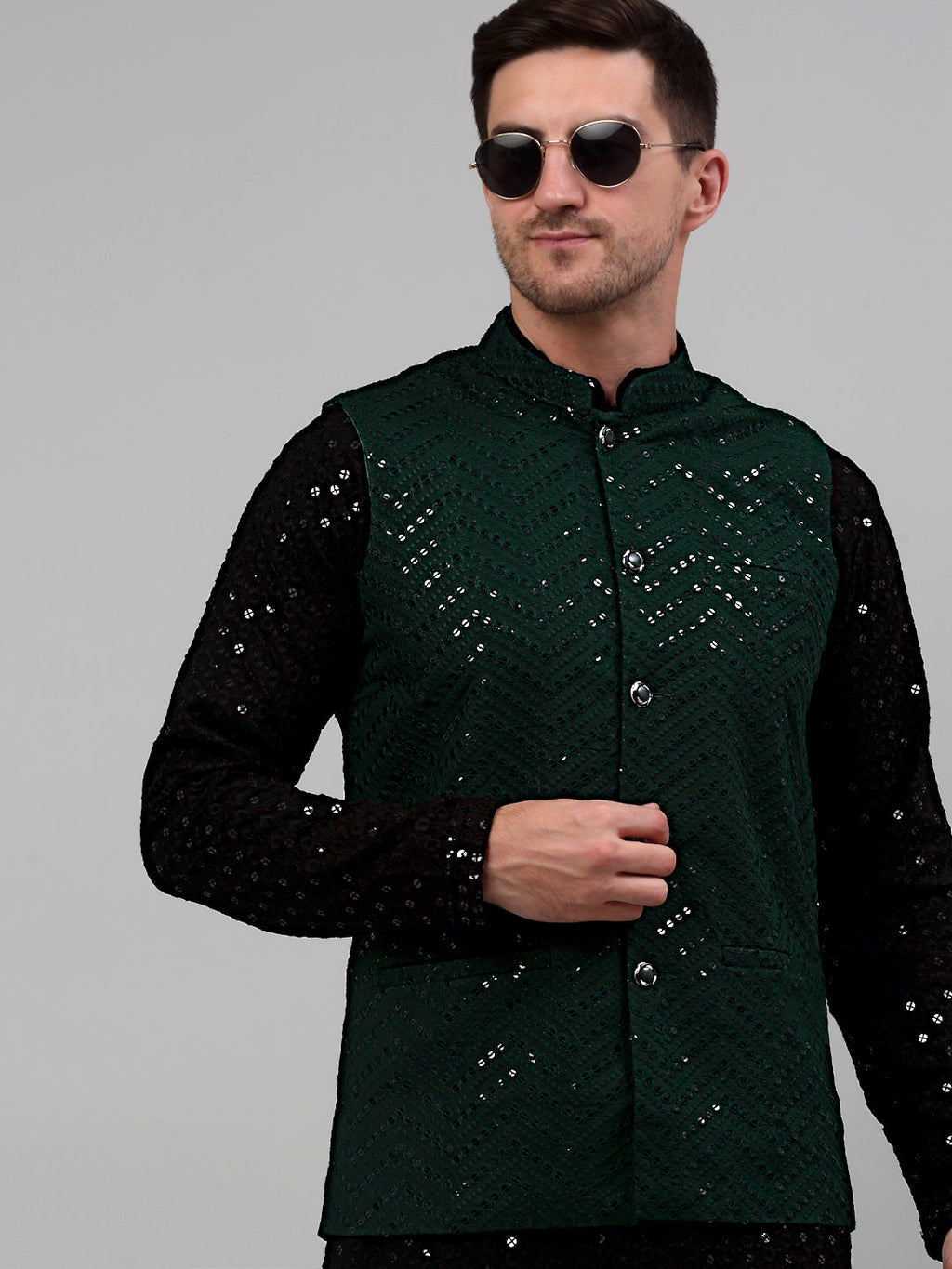 Jompers Men's Sequin and Embroidered Nehru Jacket With Kurta Pyjama - Olive
