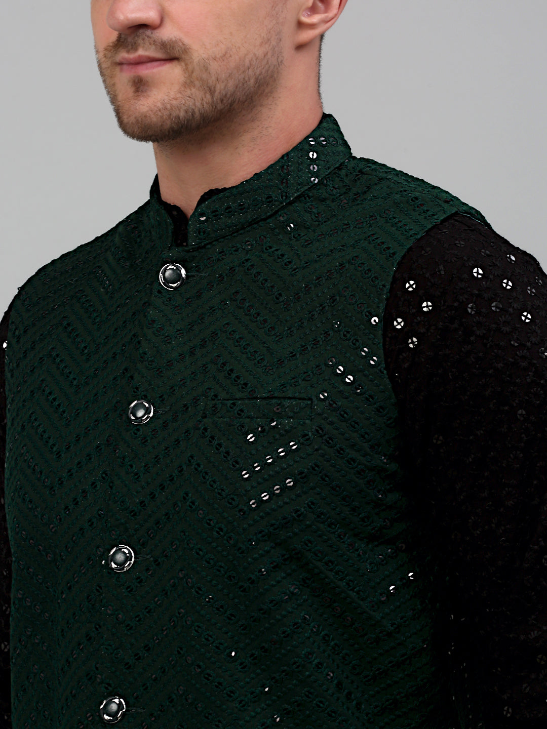 Jompers Men's Sequin and Embroidered Nehru Jacket With Kurta Pyjama - Olive