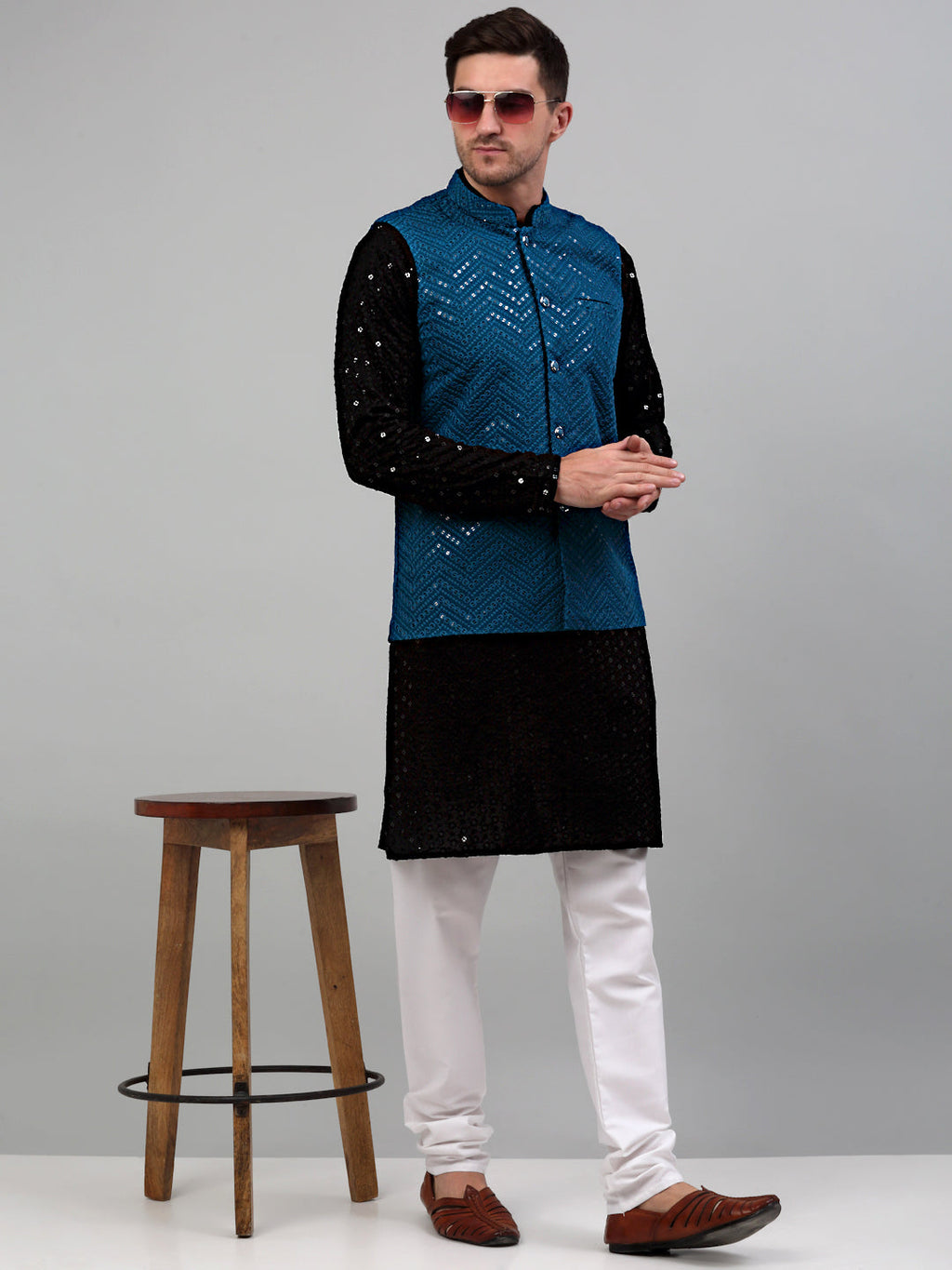 Jompers Men's Sequin and Embroidered Nehru Jacket With Kurta Pyjama - Peacock