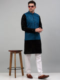 Jompers Men's Sequin and Embroidered Nehru Jacket With Kurta Pyjama - Peacock