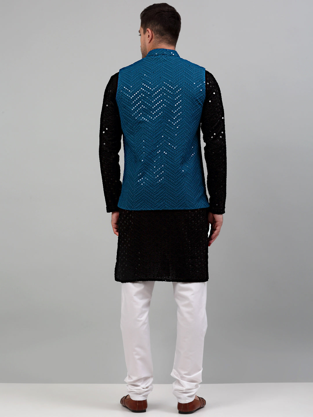 Jompers Men's Sequin and Embroidered Nehru Jacket With Kurta Pyjama - Peacock