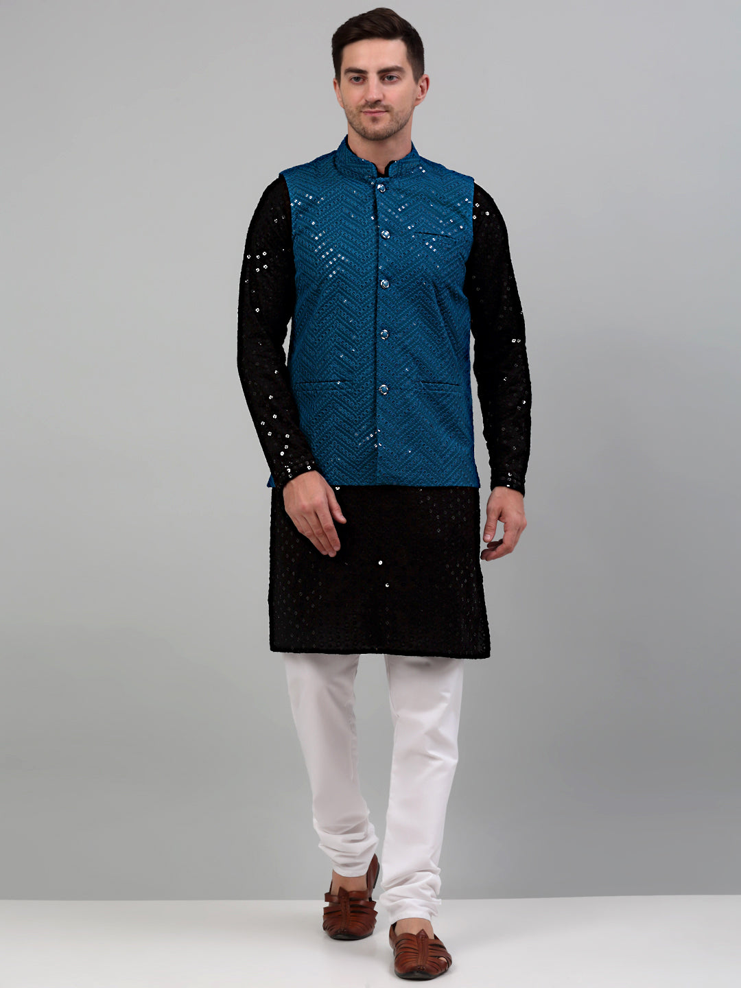 Jompers Men's Sequin and Embroidered Nehru Jacket With Kurta Pyjama - Peacock