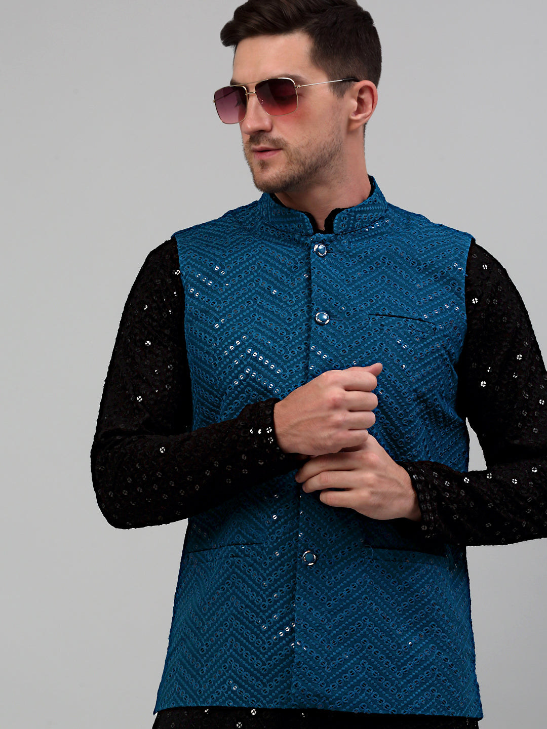 Jompers Men's Sequin and Embroidered Nehru Jacket With Kurta Pyjama - Peacock