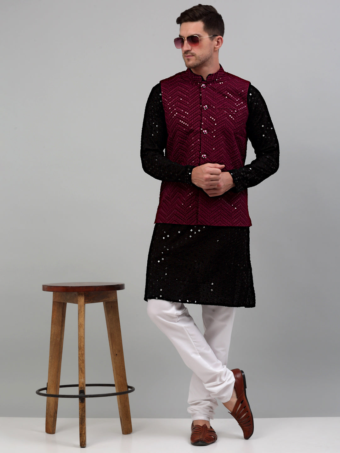 Jompers Men's Sequin and Embroidered Nehru Jacket With Kurta Pyjama - Purple
