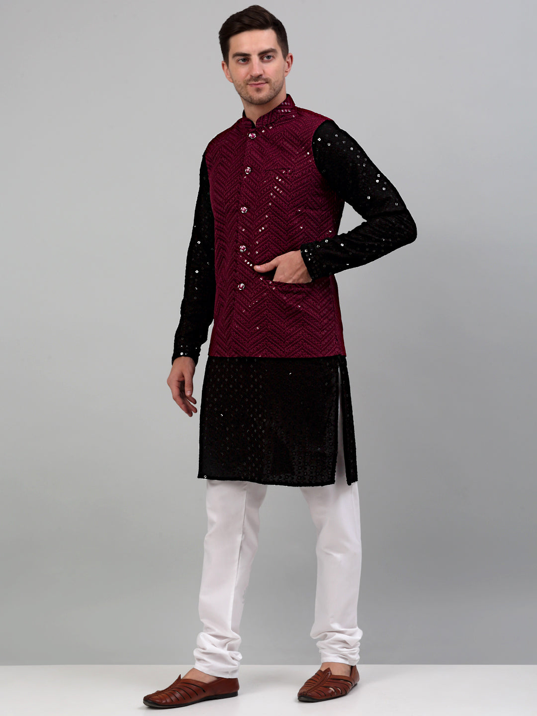 Jompers Men's Sequin and Embroidered Nehru Jacket With Kurta Pyjama - Purple