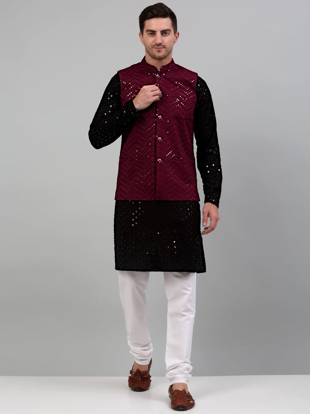 Jompers Men's Sequin and Embroidered Nehru Jacket With Kurta Pyjama - Purple