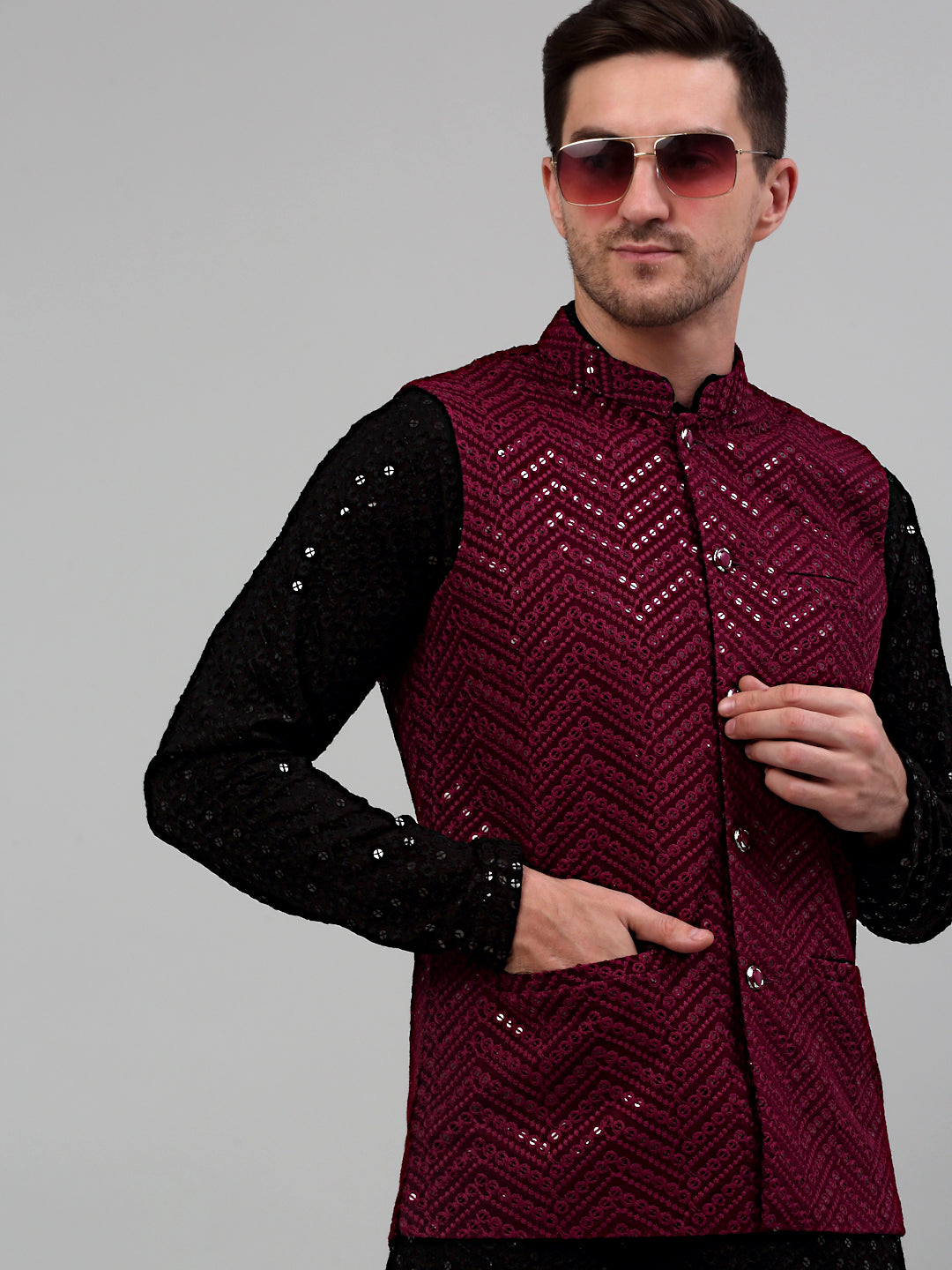 Jompers Men's Sequin and Embroidered Nehru Jacket With Kurta Pyjama - Purple