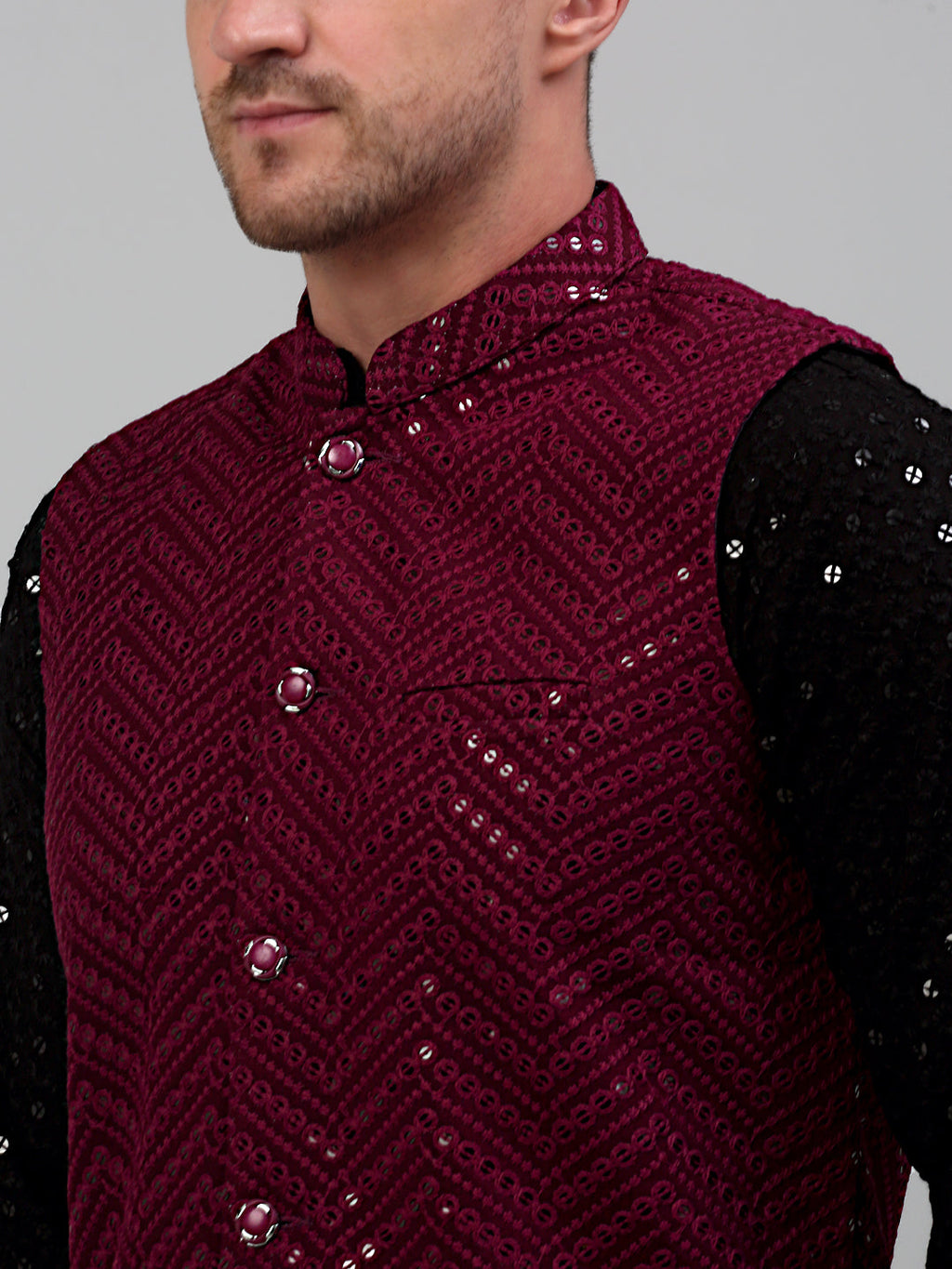 Jompers Men's Sequin and Embroidered Nehru Jacket With Kurta Pyjama - Purple