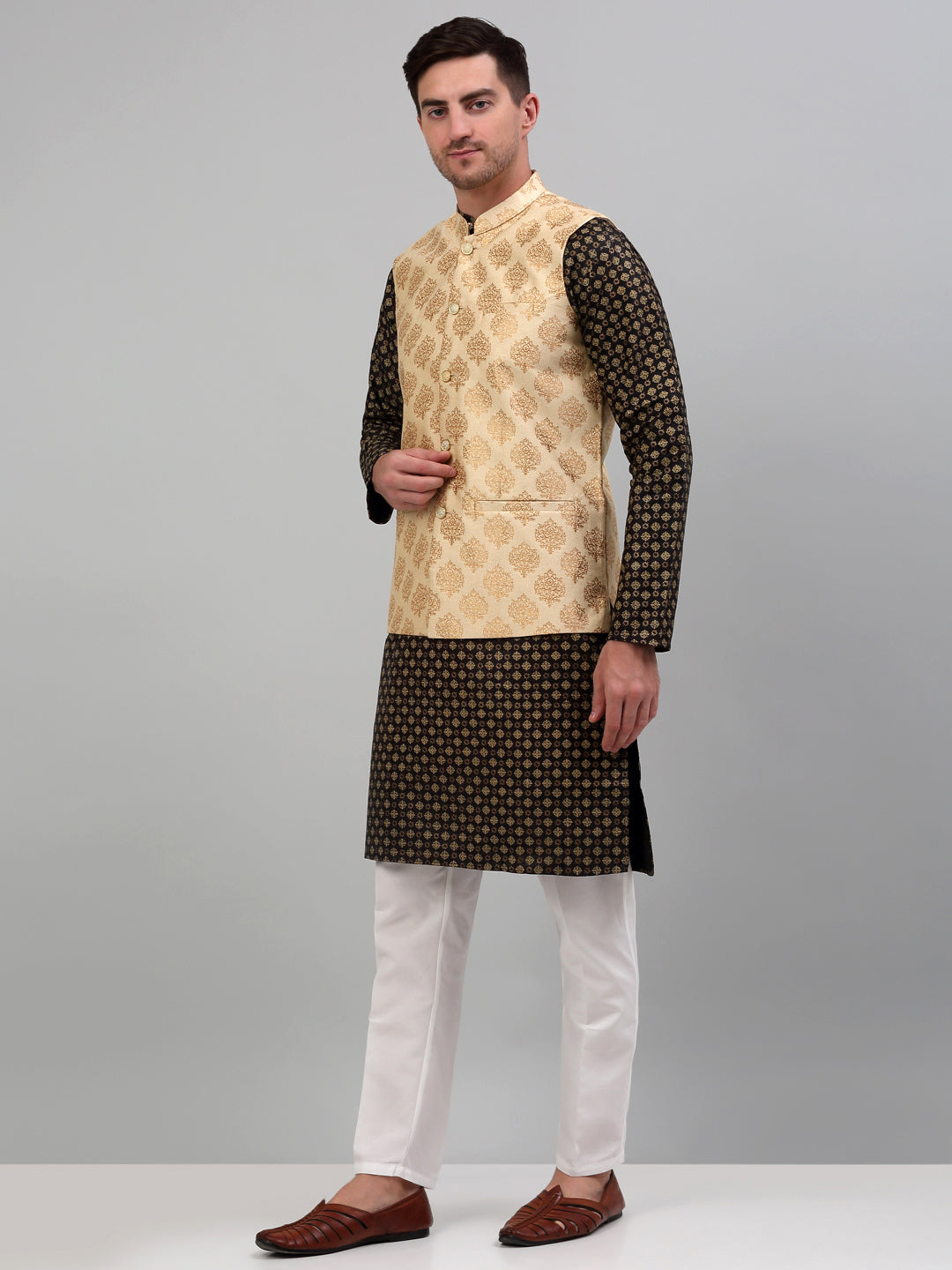 Jompers Men's Printed Nehru Jacket With Kurta Pyjama Set - Cream