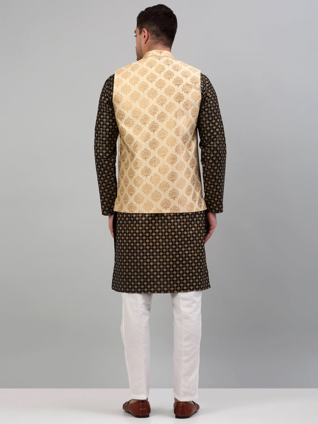 Jompers Men's Printed Nehru Jacket With Kurta Pyjama Set - Cream