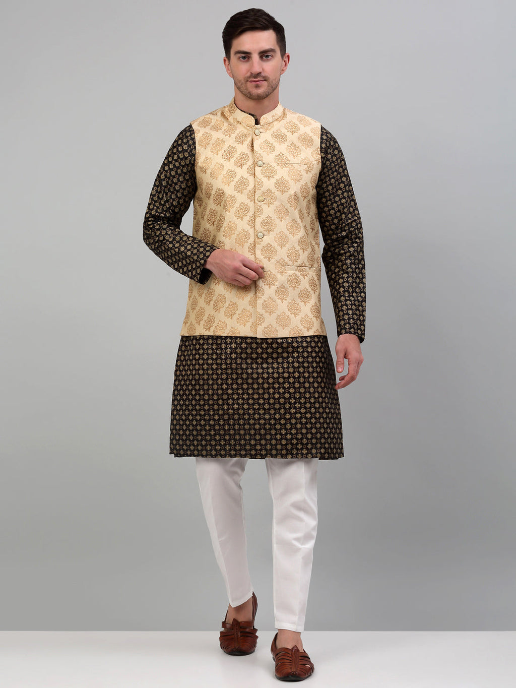 Jompers Men's Printed Nehru Jacket With Kurta Pyjama Set - Cream